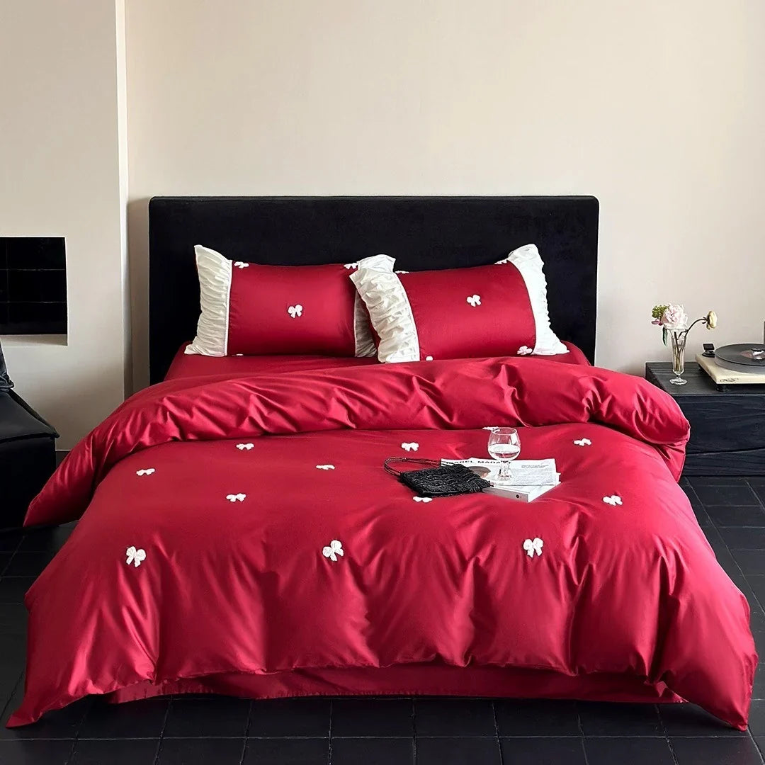 Kids Bedding Set Cotton Satin Embroidered Bows & Ruffles