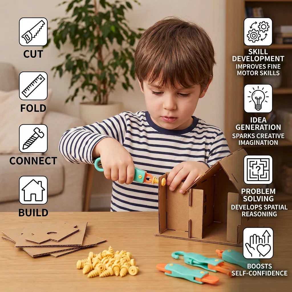 Kids Construction Kit Cardboard STEM 100 Pieces With Tools