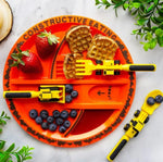 Kids Dinnerware Set Construction-Themed Sectioned Plate & Soft-Grip Utensils