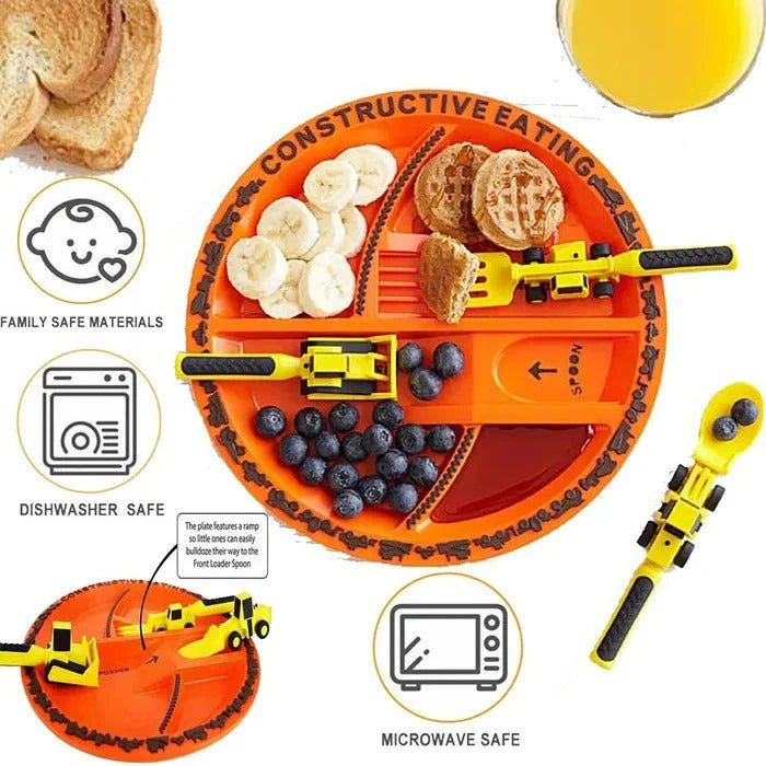 Kids Dinnerware Set Construction-Themed Sectioned Plate & Soft-Grip Utensils