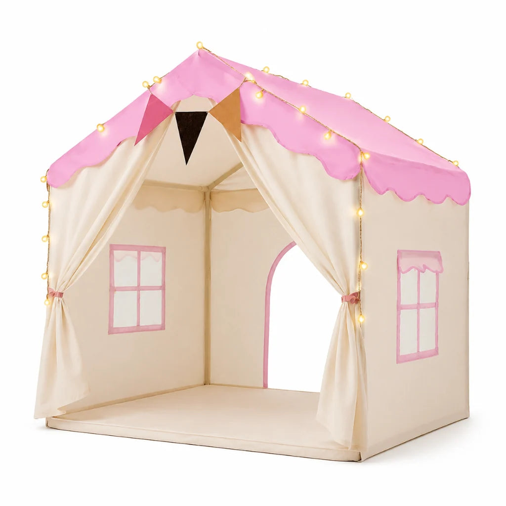 Kids Play Tent Padded Floor Mat Decorative Lights Foldable Frame