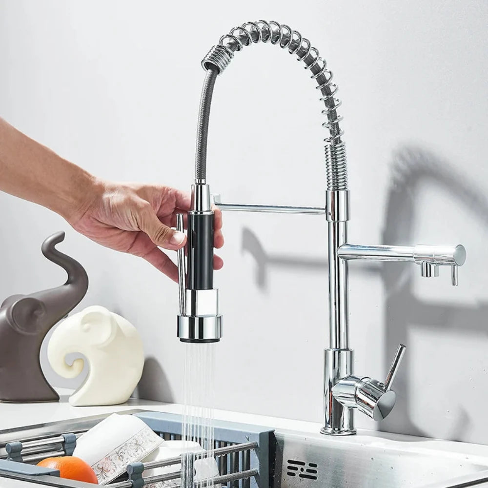 Kitchen Faucet Pull-Out Spray Head Dual-Swivel Spout Hot And Cold Mixer
