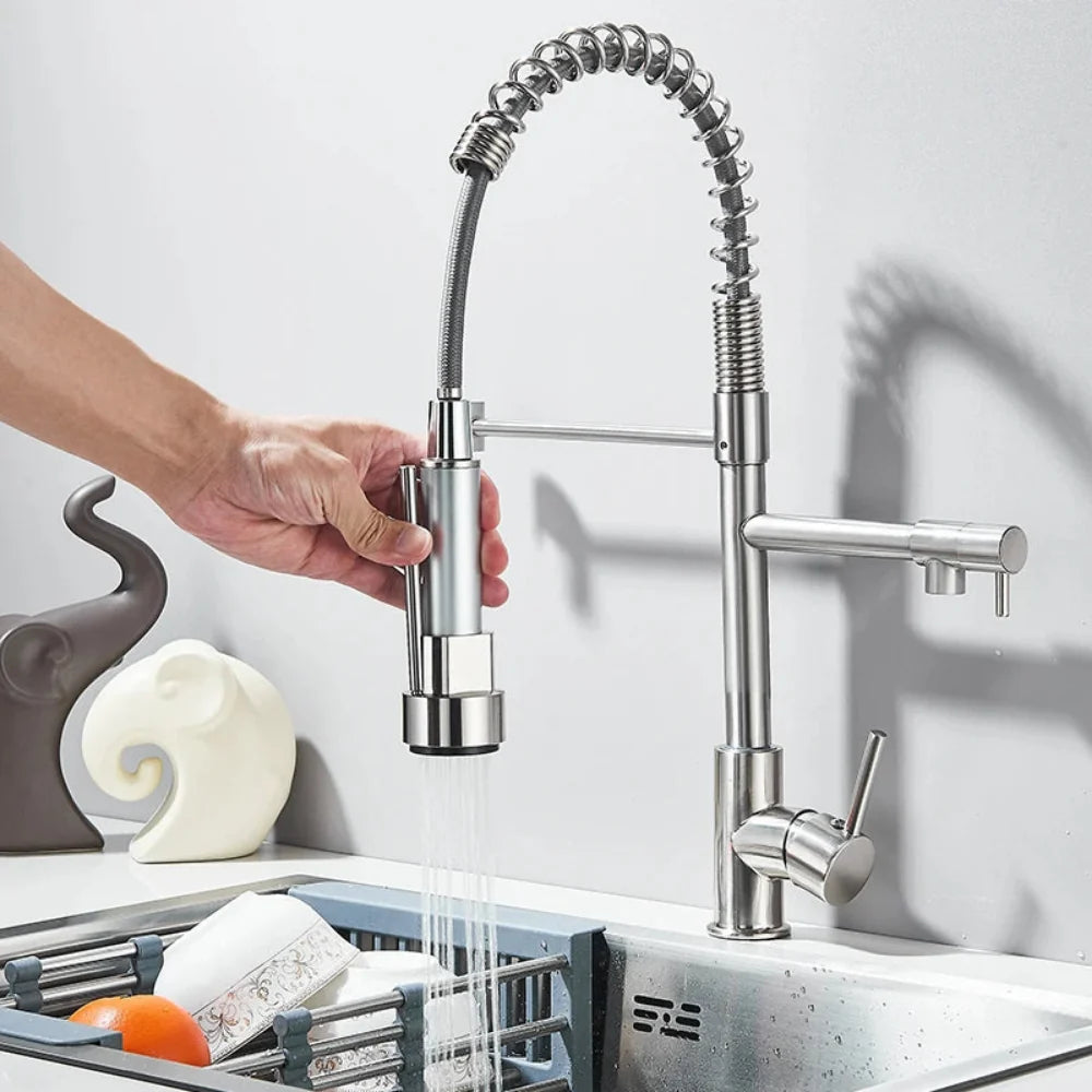 Kitchen Faucet Pull-Out Spray Head Dual-Swivel Spout Hot And Cold Mixer
