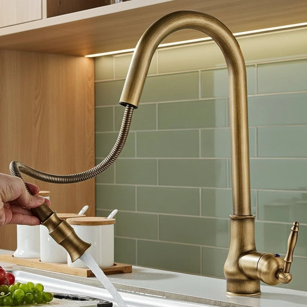 Kitchen Faucet Pull-Out Spray Head Solid Brass Antique Bronze Finish