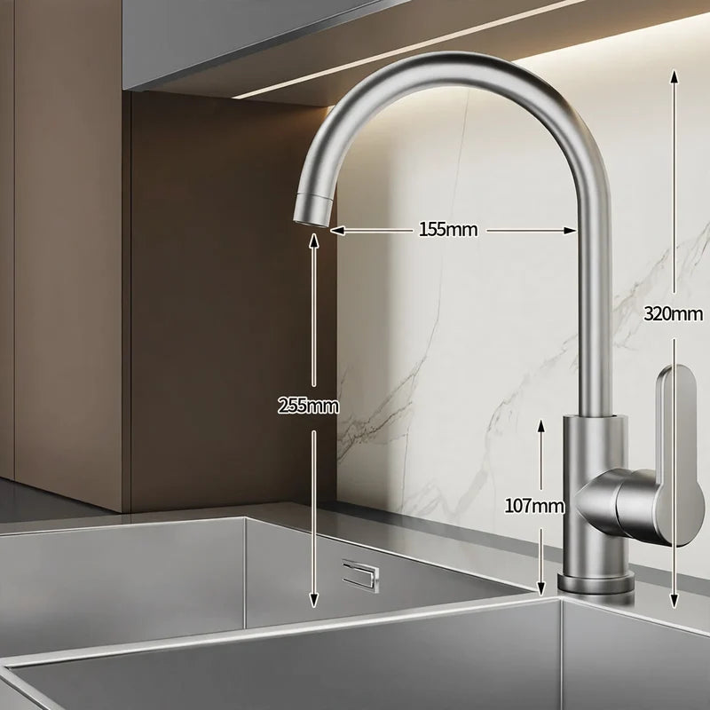 Kitchen Faucet Stainless Steel High-Arch Spout Ceramic Valve