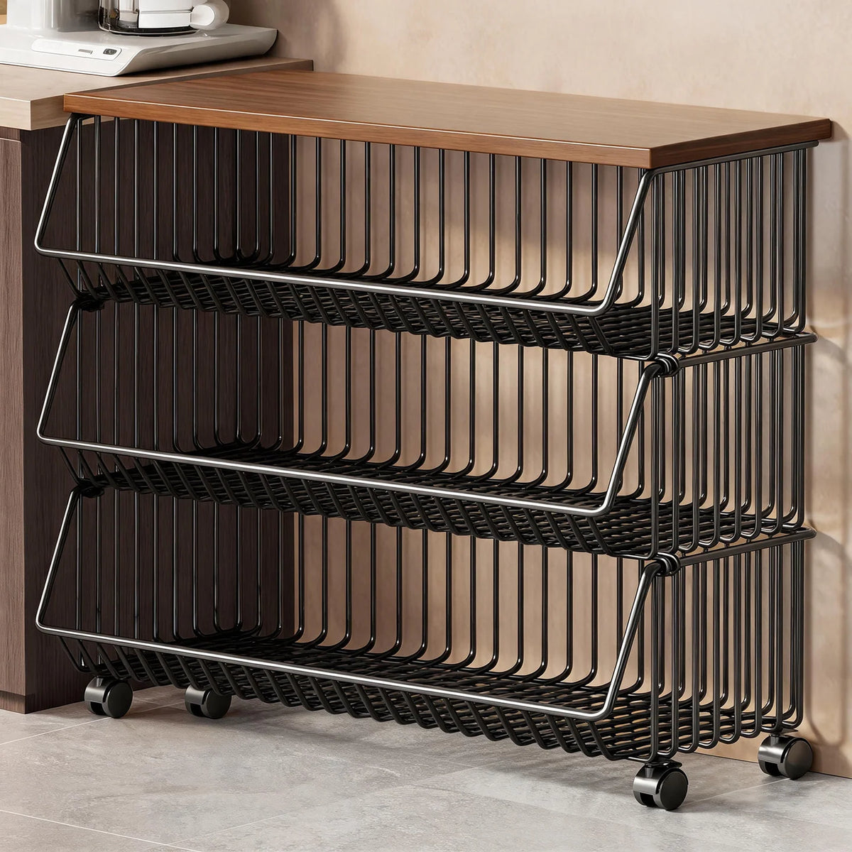 Kitchen Storage Cart Multi-Tier Ventilated Baskets Wood-Look Top