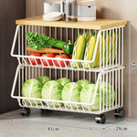 Kitchen Storage Cart Multi-Tier Ventilated Baskets Wood-Look Top