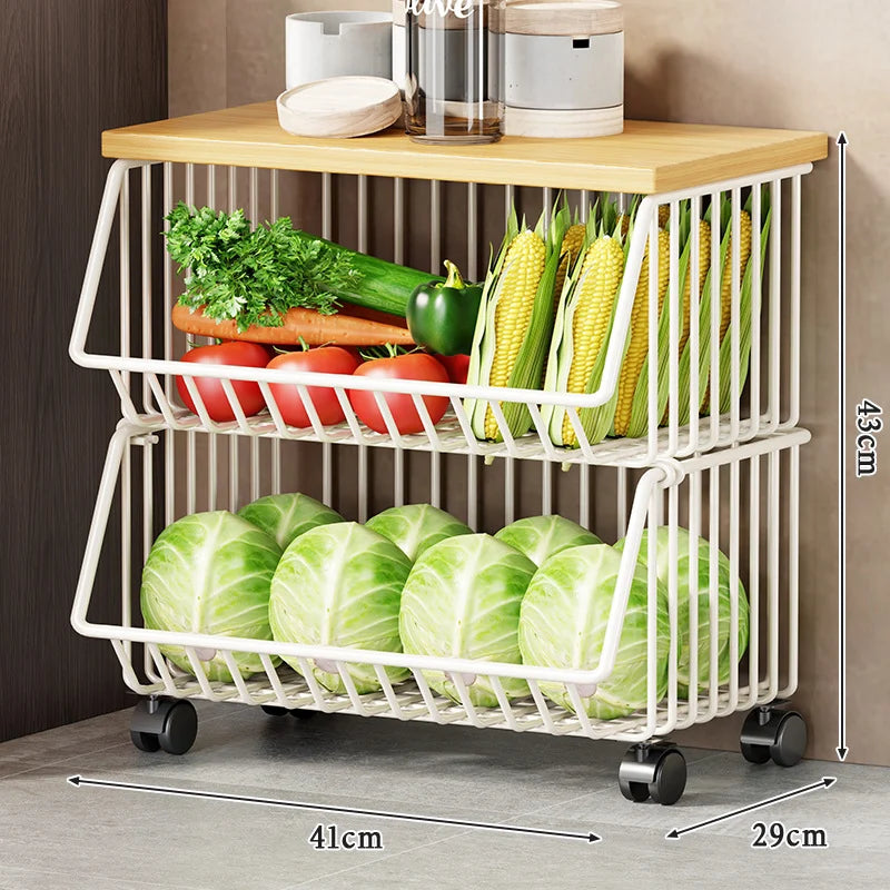 Kitchen Storage Cart Multi-Tier Ventilated Baskets Wood-Look Top