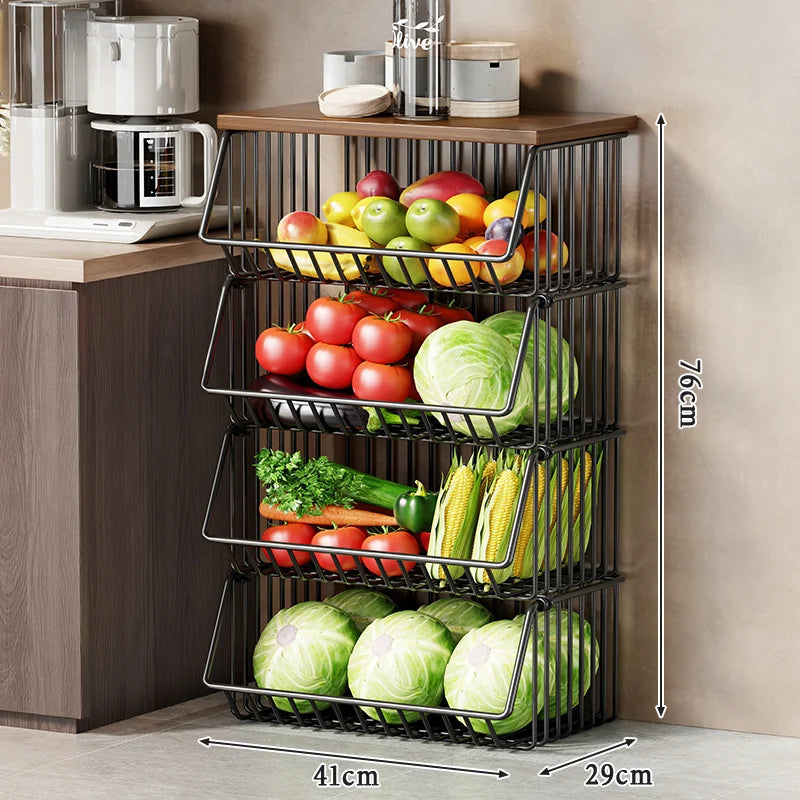 Kitchen Storage Cart Multi-Tier Ventilated Baskets Wood-Look Top