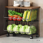 Kitchen Storage Cart Multi-Tier Ventilated Baskets Wood-Look Top