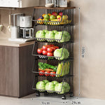 Kitchen Storage Cart Multi-Tier Ventilated Baskets Wood-Look Top