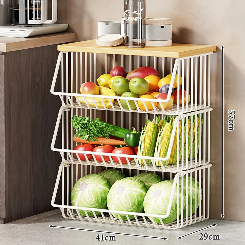 Kitchen Storage Cart Multi-Tier Ventilated Baskets Wood-Look Top