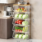 Kitchen Storage Cart Multi-Tier Ventilated Baskets Wood-Look Top