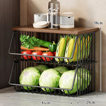 Kitchen Storage Cart Multi-Tier Ventilated Baskets Wood-Look Top