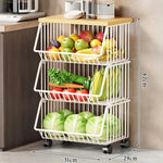 Kitchen Storage Cart Multi-Tier Ventilated Baskets Wood-Look Top