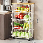 Kitchen Storage Cart Multi-Tier Ventilated Baskets Wood-Look Top
