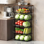 Kitchen Storage Cart Multi-Tier Ventilated Baskets Wood-Look Top