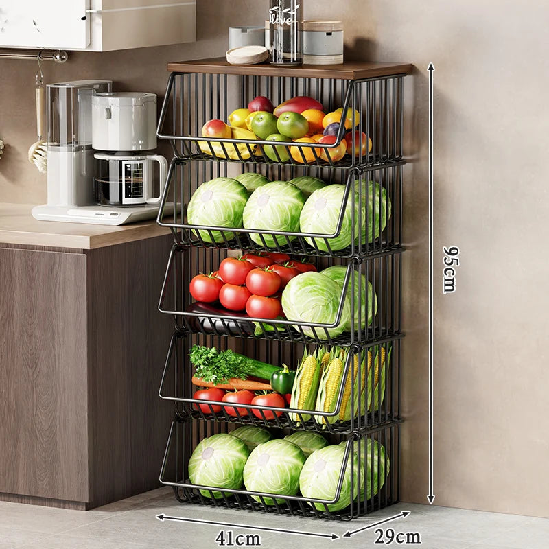 Kitchen Storage Cart Multi-Tier Ventilated Baskets Wood-Look Top