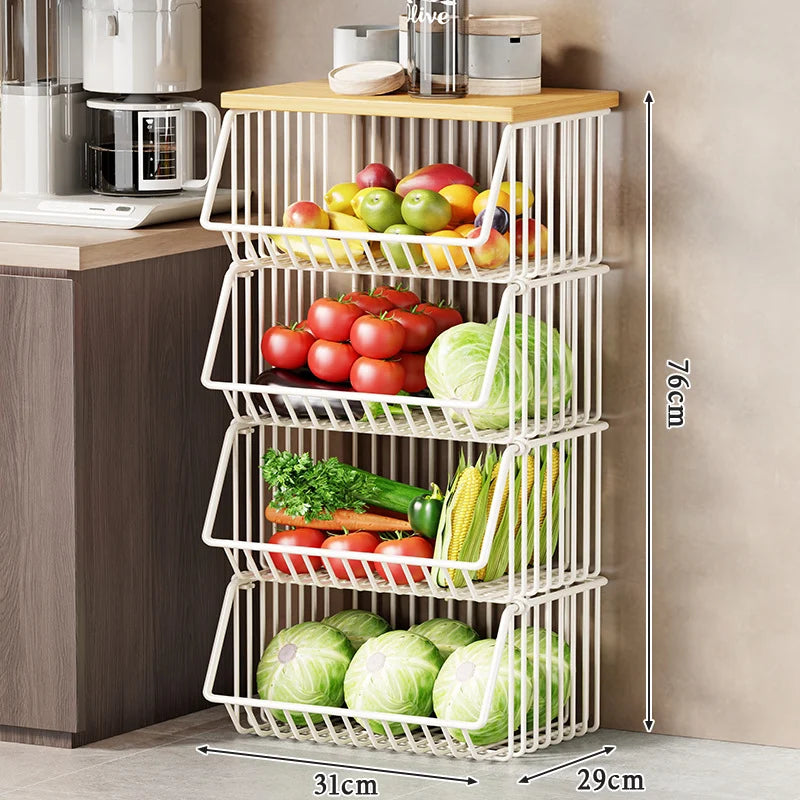Kitchen Storage Cart Multi-Tier Ventilated Baskets Wood-Look Top