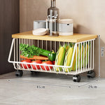 Kitchen Storage Cart Multi-Tier Ventilated Baskets Wood-Look Top
