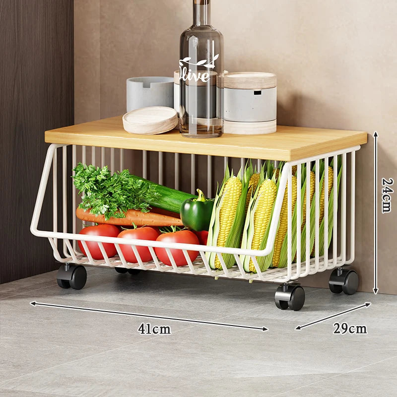 Kitchen Storage Cart Multi-Tier Ventilated Baskets Wood-Look Top