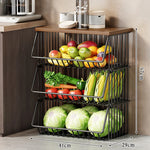 Kitchen Storage Cart Multi-Tier Ventilated Baskets Wood-Look Top