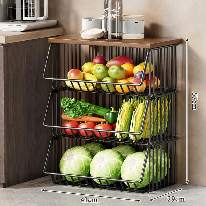 Kitchen Storage Cart Multi-Tier Ventilated Baskets Wood-Look Top
