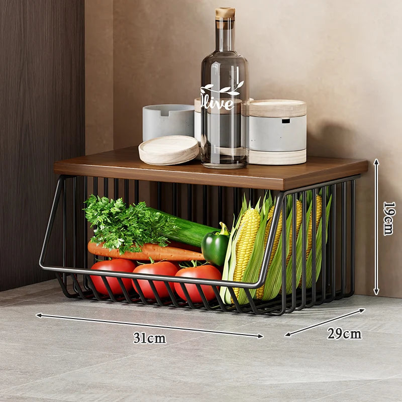 Kitchen Storage Cart Multi-Tier Ventilated Baskets Wood-Look Top