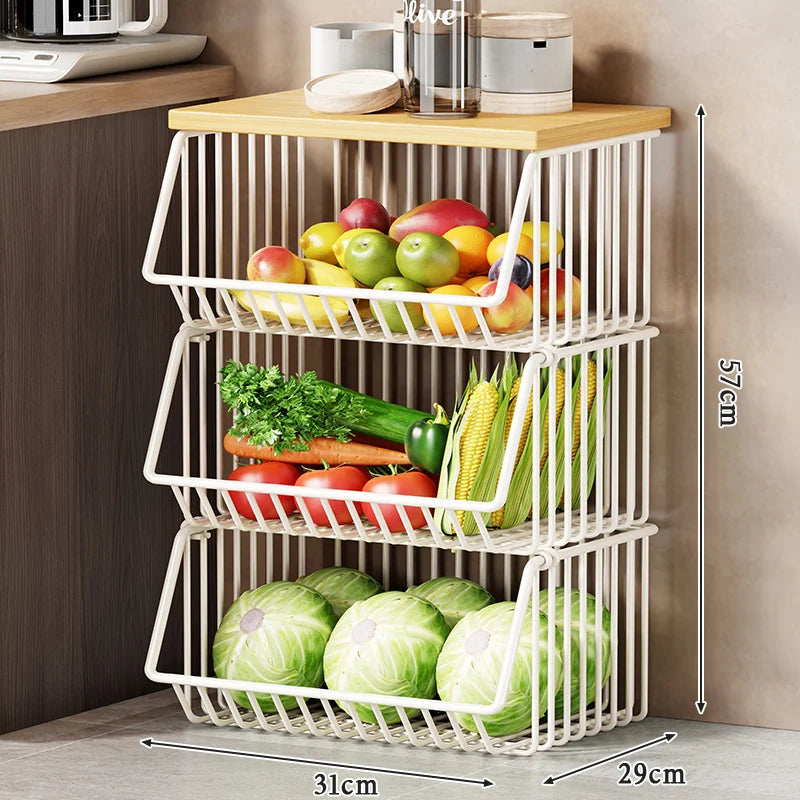 Kitchen Storage Cart Multi-Tier Ventilated Baskets Wood-Look Top