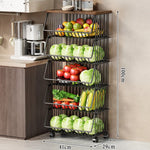 Kitchen Storage Cart Multi-Tier Ventilated Baskets Wood-Look Top