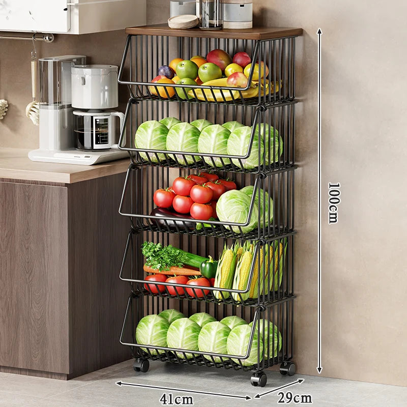 Kitchen Storage Cart Multi-Tier Ventilated Baskets Wood-Look Top