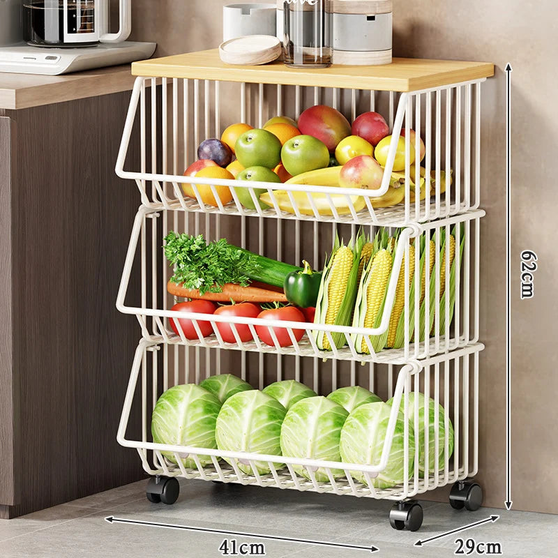 Kitchen Storage Cart Multi-Tier Ventilated Baskets Wood-Look Top