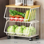Kitchen Storage Cart Multi-Tier Ventilated Baskets Wood-Look Top