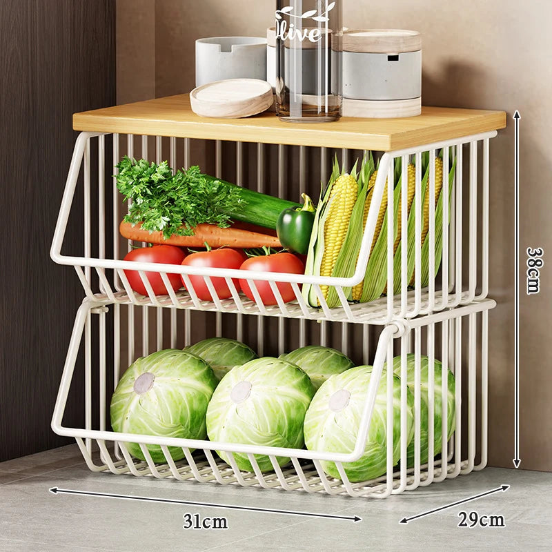 Kitchen Storage Cart Multi-Tier Ventilated Baskets Wood-Look Top