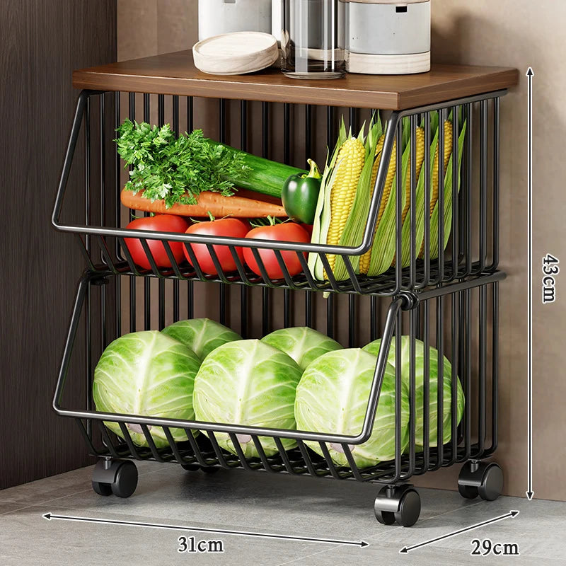 Kitchen Storage Cart Multi-Tier Ventilated Baskets Wood-Look Top