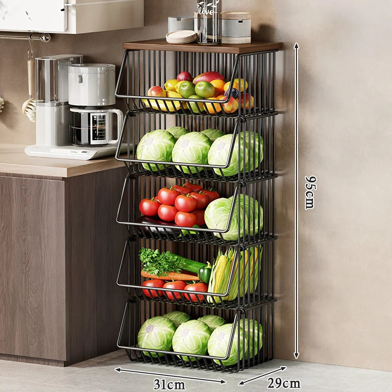 Kitchen Storage Cart Multi-Tier Ventilated Baskets Wood-Look Top