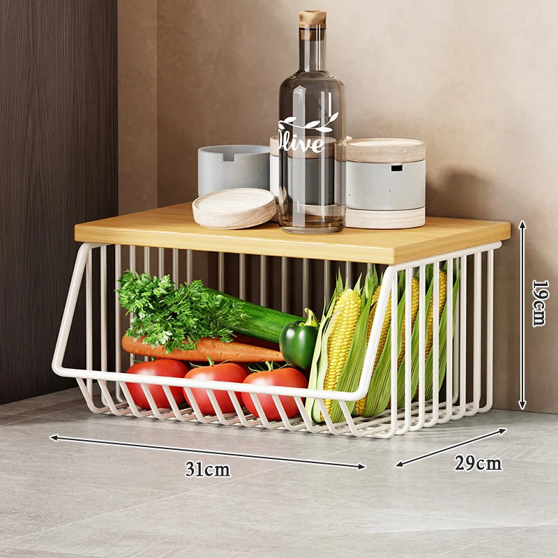 Kitchen Storage Cart Multi-Tier Ventilated Baskets Wood-Look Top