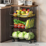 Kitchen Storage Cart Multi-Tier Ventilated Baskets Wood-Look Top