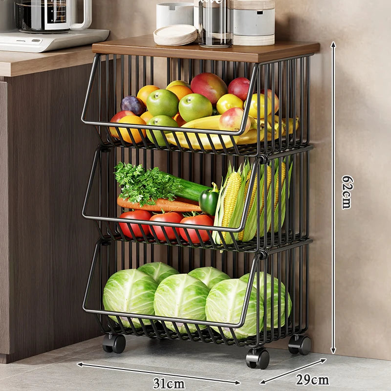 Kitchen Storage Cart Multi-Tier Ventilated Baskets Wood-Look Top