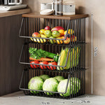Kitchen Storage Cart Multi-Tier Ventilated Baskets Wood-Look Top