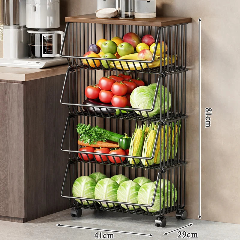 Kitchen Storage Cart Multi-Tier Ventilated Baskets Wood-Look Top