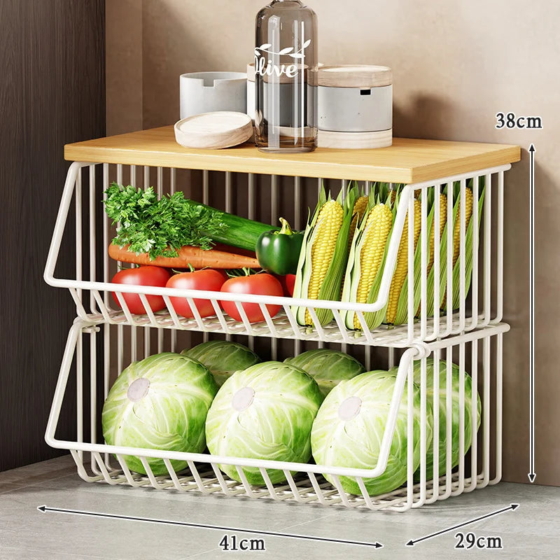 Kitchen Storage Cart Multi-Tier Ventilated Baskets Wood-Look Top