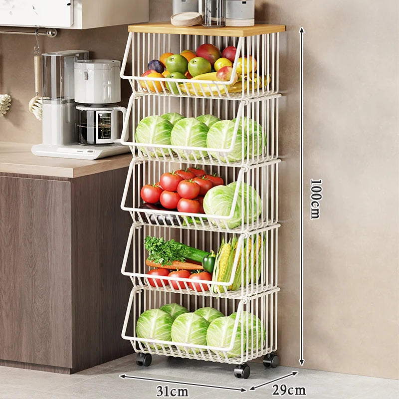 Kitchen Storage Cart Multi-Tier Ventilated Baskets Wood-Look Top