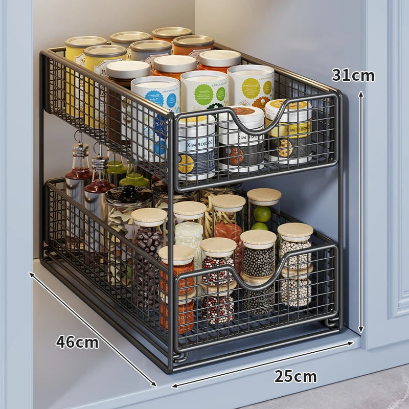 Kitchen Storage Organizer Two-Tier Pull-Out Wire Baskets