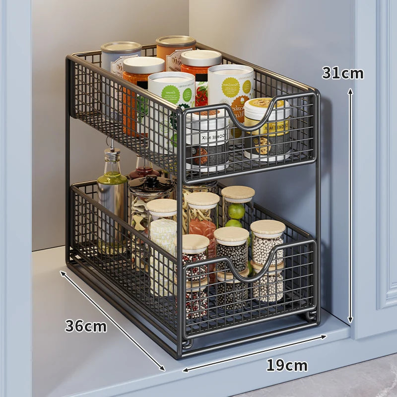 Kitchen Storage Organizer Two-Tier Pull-Out Wire Baskets