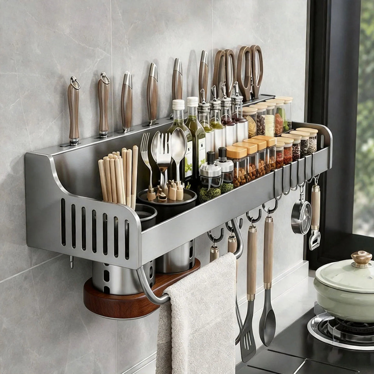 Kitchen Storage Rail Wall-Mounted Stainless Steel Knife Slots Spice Shelf & Hooks