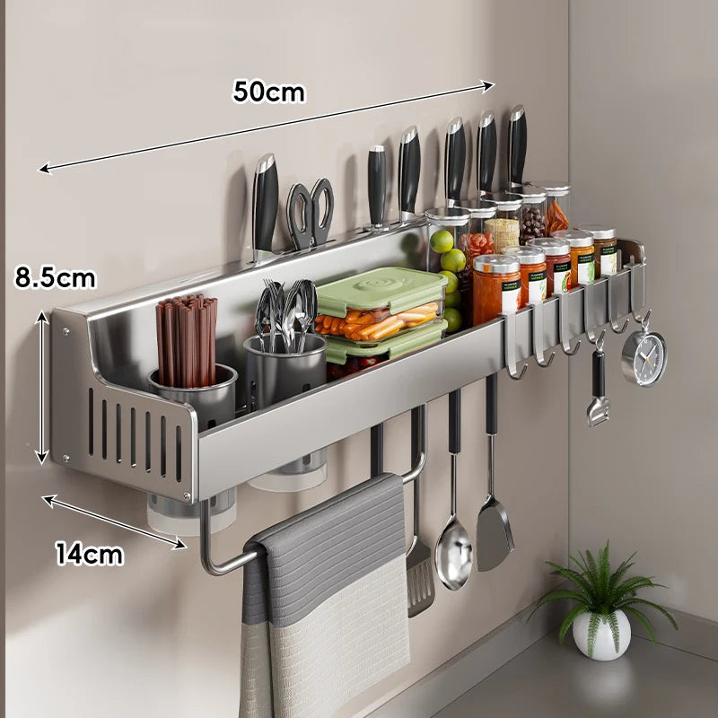 Kitchen Storage Rail Wall-Mounted Stainless Steel Knife Slots Spice Shelf & Hooks