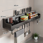 Kitchen Storage Rail Wall-Mounted Stainless Steel Knife Slots Spice Shelf & Hooks