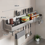 Kitchen Storage Rail Wall-Mounted Stainless Steel Knife Slots Spice Shelf & Hooks