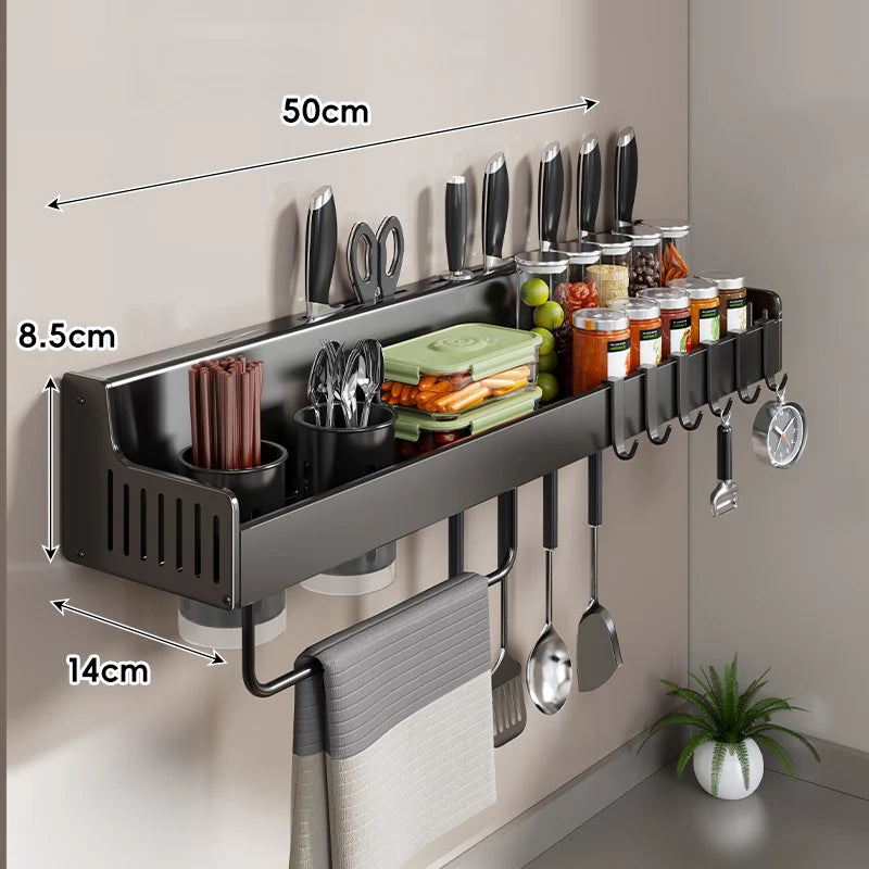 Kitchen Storage Rail Wall-Mounted Stainless Steel Knife Slots Spice Shelf & Hooks
